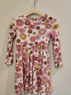 Angel Dear Pink Floral Long Sleeve Dress with Yellow & Brown Accents